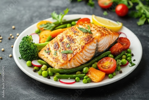 Grilled salmon fillet served with fresh vegetables on white plate