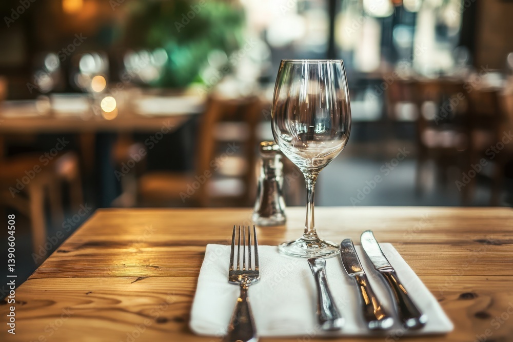 Table setting with wine glass and cutlery in a restaurant scene Table setting with wine glass and cutlery in a restaurant scene