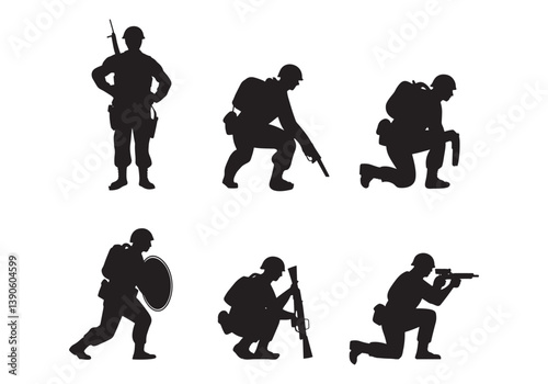 Military soldier silhouette icons - Set of six soldier action and combat poses.