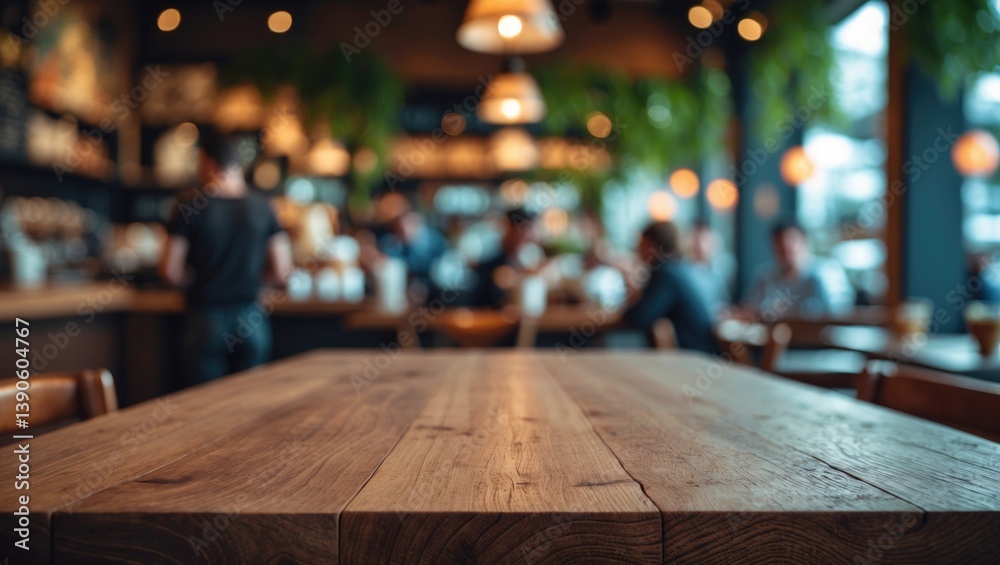 Wooden board empty tabletop in blurred surroundings. Perspective brown wood table set against a coffee shop backdrop. Wooden board empty tabletop in blurred surroundings. Perspective brown wood table set against a coffee shop backdrop.