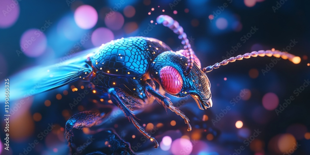 This vibrant insect image showcases detailed features with glowing colors. The artistic style captures the beauty of nature in a modern way. Perfect for digital art lovers. AI