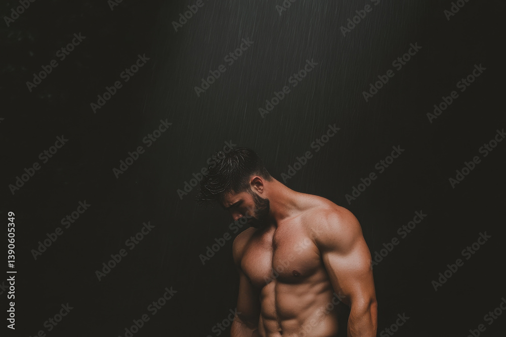 Obraz premium A man with a beard and a muscular chest stands in a dark room