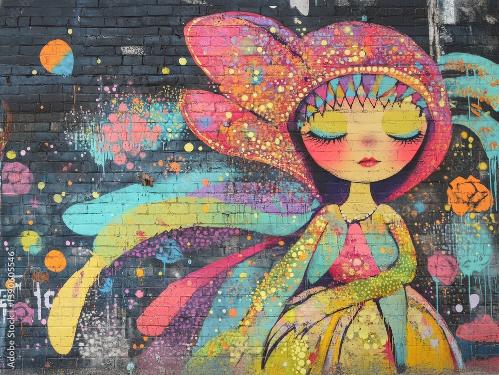 Fototapeta premium Colorful stylized female figure mural with paint splashes on dark brick wall