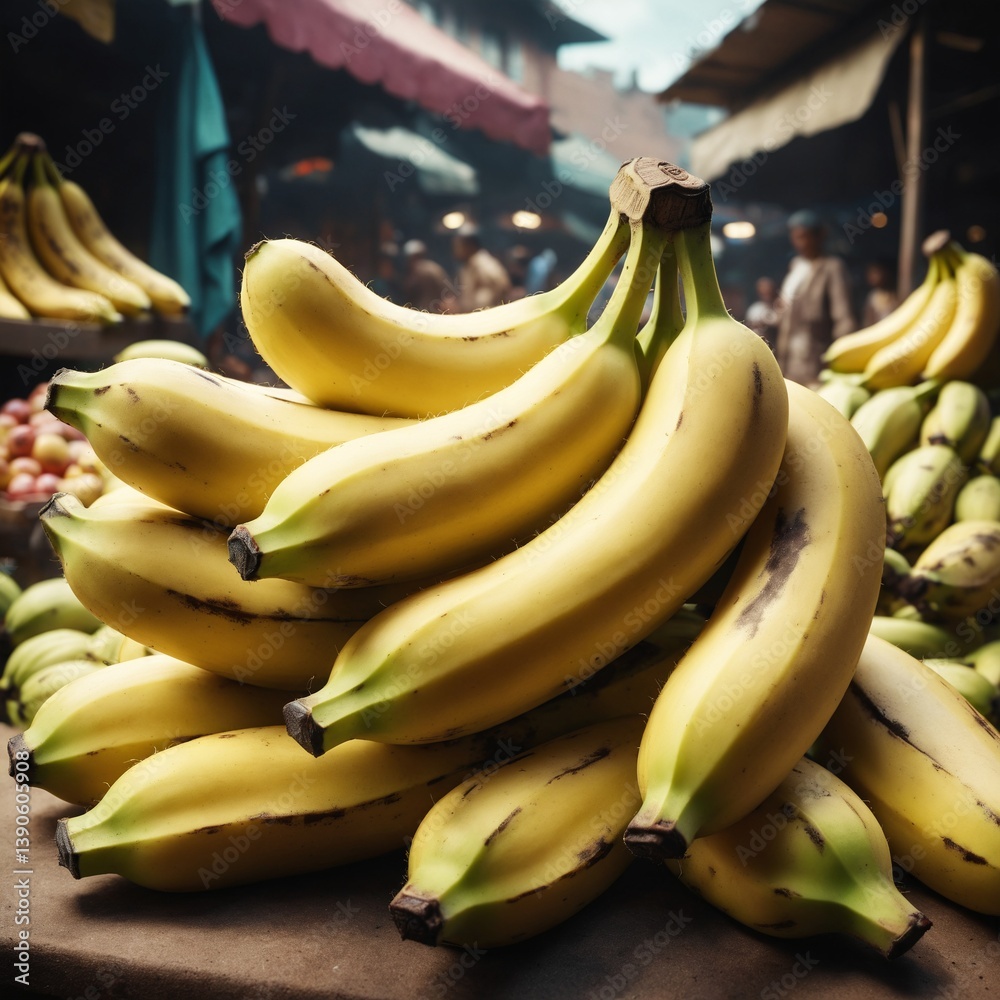 Close up of bananas in outdoors stand. Cultivated fruits for retail sale at local market. Generated AI