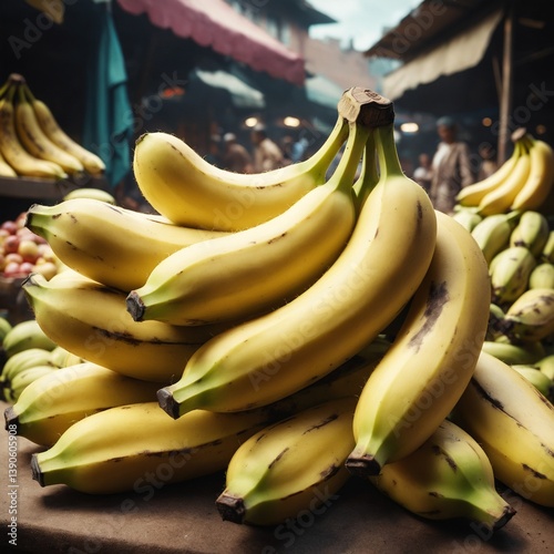 Obraz na płótnie Close up of bananas in outdoors stand. Cultivated fruits for retail sale at local market. Generated AI w salonie