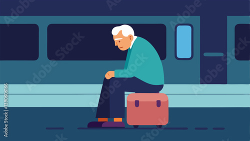 Elderly Struggle An elderly person sitting on a suitcase at a train station or bus terminal looking weary and lost emphasizing the challenges faced by vulnerable populations.