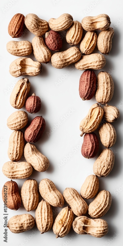 Peanuts on white. Frame form copy space. Top view flat lay