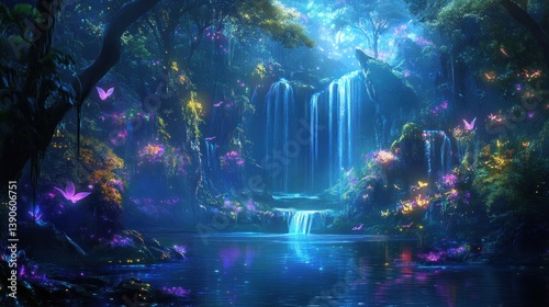 Enchanting waterfall in a mystical forest at night, illuminated by glowing flowers and butterflies