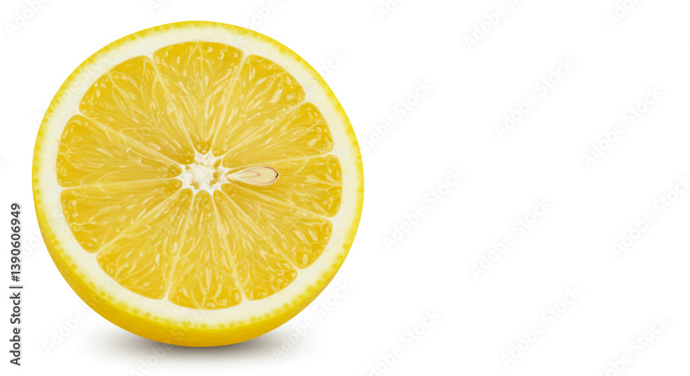 A juicy lemon slice, bursting with sunshine and summery freshness against a bright white background. A juicy lemon slice, bursting with sunshine and summery freshness against a bright white background.