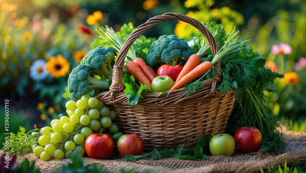 A wicker basket brimming with fresh fruits and vegetables set in a vibrant outdoor garden. A wicker basket brimming with fresh fruits and vegetables set in a vibrant outdoor garden.