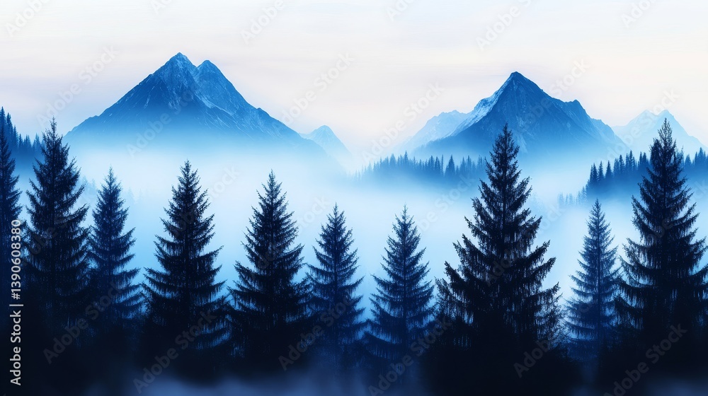 Fototapeta premium Serene Mountain Mist - Misty mountain landscape with a row of evergreen trees in the foreground. Peaceful and tranquil scenery