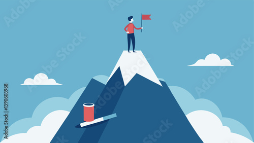 Goal Setting An individual standing at the base of a mountain looking up at the peak with a notepad and pencil in hand symbolizing the act of setting clear and ambitious goals.
