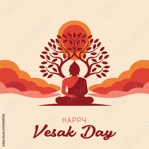 Buddha Silhouette Under a Tree, Happy Vesak Day Celebration Vector Illustration
