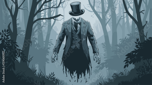 A striking illustration of a headless phantom wearing a top hat and formal attire, standing in a misty woodland. Perfect for horror themes and dark fantasy.