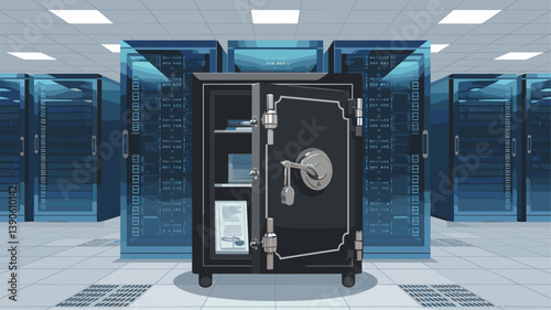 A high-tech server room featuring a prominent locked safe in the foreground, symbolizing data security and protection.