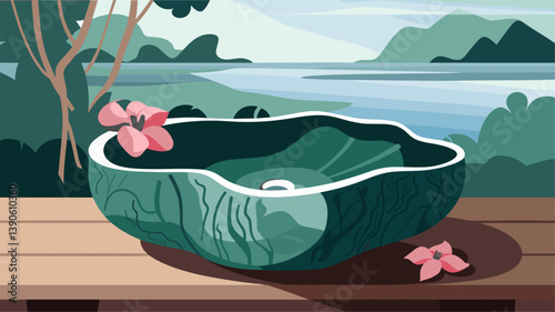 A tranquil water basin sits on a wooden table, surrounded by nature and blooming flowers, creating a peaceful ambiance.
