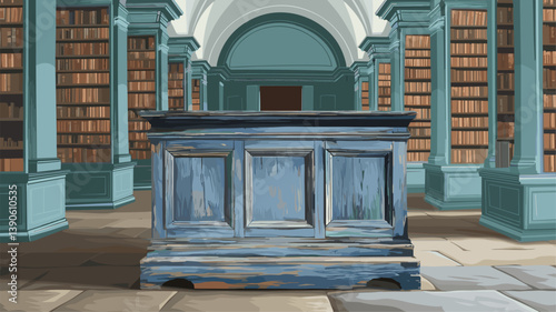 A weathered wooden desk stands in the center of an elegant library, surrounded by rows of bookshelves filled with books.