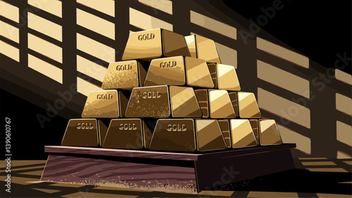 A striking illustration of stacked gold bars labeled 'GOLD,' illuminated by dramatic shadows, evoking wealth and luxury.