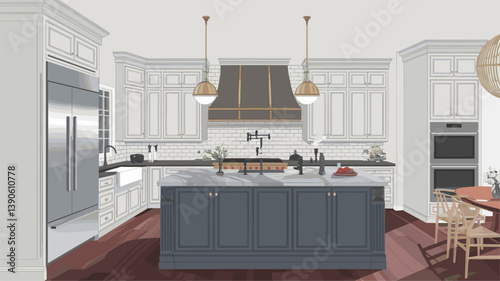 Explore this sophisticated kitchen featuring a spacious island, sleek cabinetry, and chic lighting accents. Perfect for modern living!