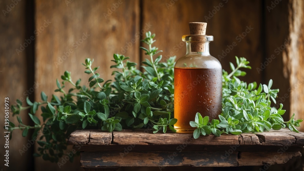 Herbal tincture in a bottle for common cold featuring fresh leaves