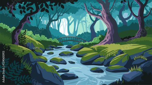 A serene digital illustration of a lush forest with a winding stream, rocks, and a charming wooden bridge, perfect for nature-themed projects.