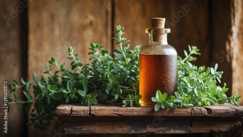 Obraz na płótnie Herbal tincture in a bottle for common cold featuring fresh leaves w salonie