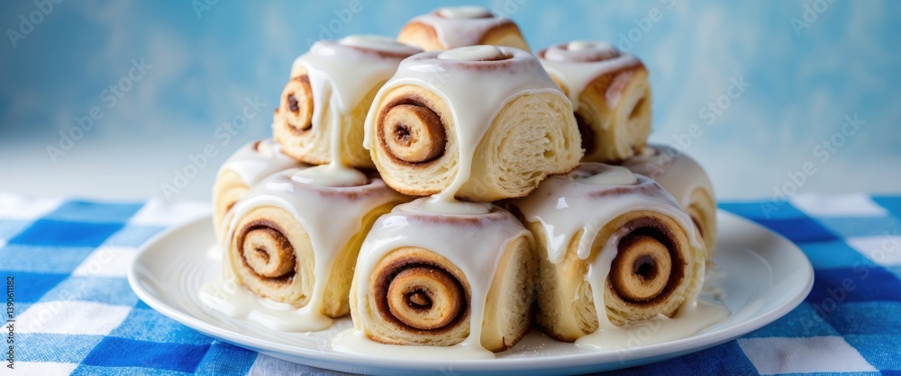 Fototapeta premium A serving of delectable cinnamon rolls glazed with sugary frosting.