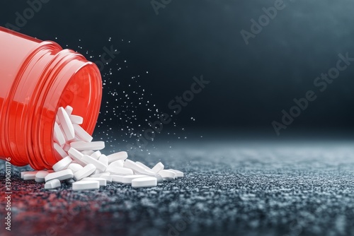 Spilled Medicine Close-Up: Red Bottle and White Pills - Close-up of spilled white pills from a red bottle, symbolizing health, accident, medication, dosage, and carelessness