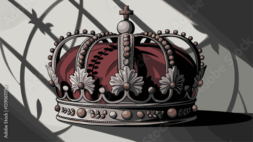 An elegant crown featuring detailed embellishments and a rich red interior. Ideal for themes of royalty, power, and heritage.