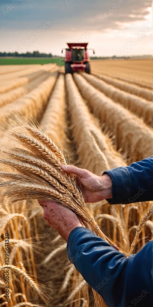 Farmer hands with wheat and combine harvester harvests wheat in field. Agriculture. Generative AI
