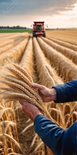 Obraz na płótnie Farmer hands with wheat and combine harvester harvests wheat in field. Agriculture. Generative AI w salonie