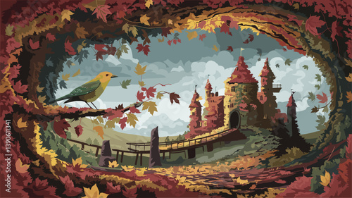 A vibrant autumn scene featuring a whimsical castle framed by colorful leaves and a perched bird, perfect for seasonal designs.