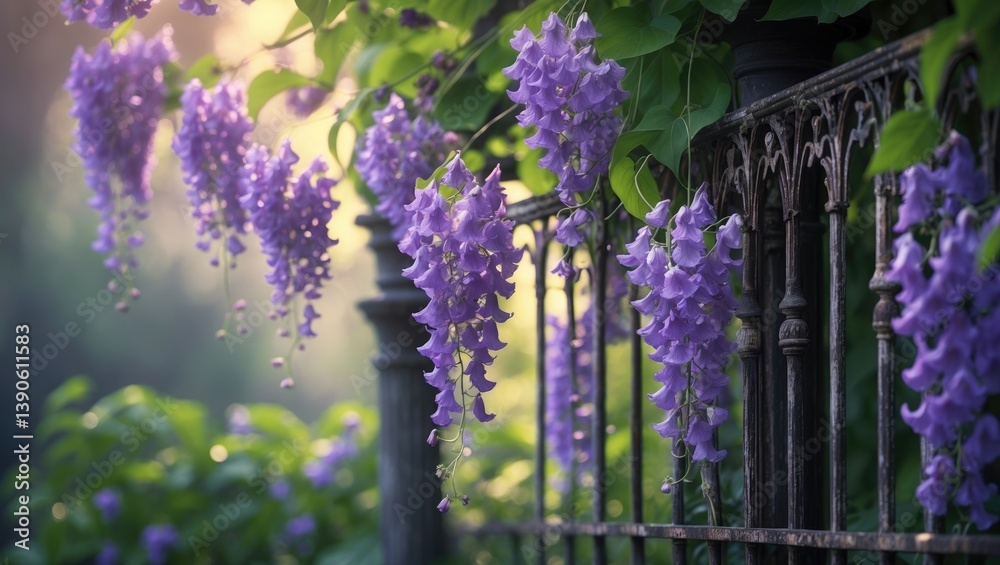 Obraz premium Wisteria gracefully drapes over a black wrought iron fence in the garden.