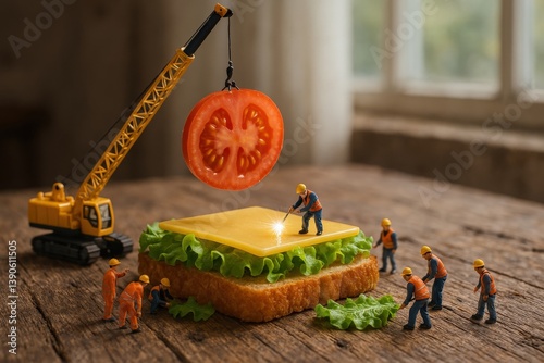 Miniature workers assembling sandwich with crane and tomato slice on wood table. 