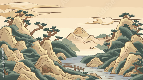 A tranquil illustration depicting a majestic mountain landscape with a winding river, lush trees, and a traditional bridge, evoking peace and harmony.