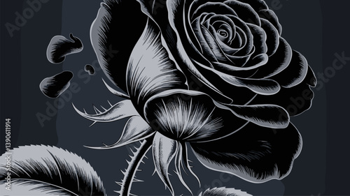 A stunning black and white illustration of a rose, showcasing intricate details and dramatic shading. Perfect for floral designs and artistic projects.