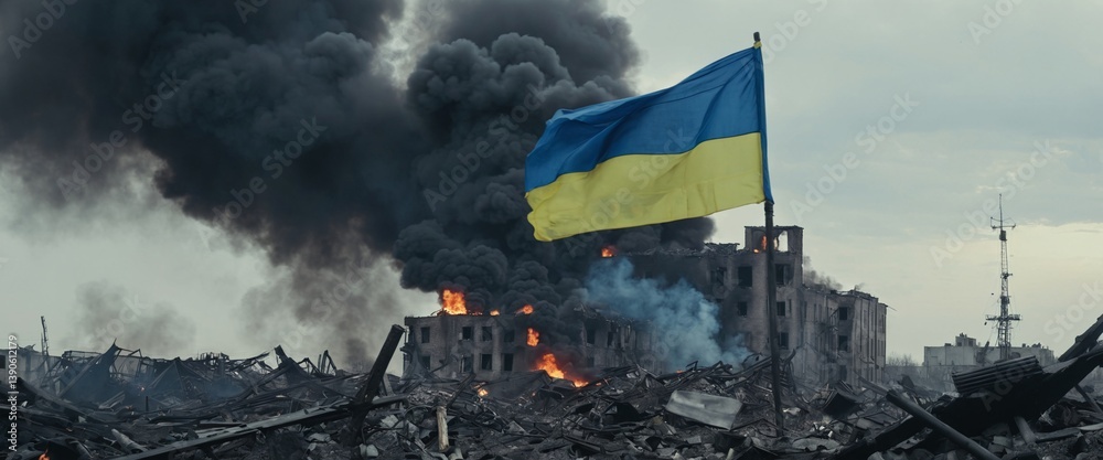 Ukraine flag flying proudly in the wind, smoke and destruction - aftermath of war