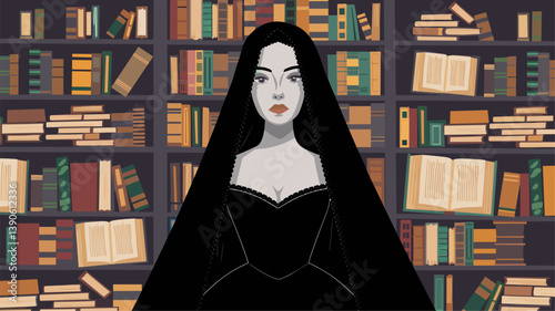 Explore this enchanting illustration of a mysterious woman in a black gown, surrounded by shelves of books, evoking a sense of intrigue and knowledge.