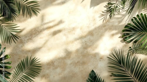 Bright shadows of palm trees on beige background