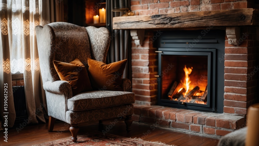 A cozy nook with a comfortable chair, pillows, and a welcoming fire in the fireplace. A cozy nook with a comfortable chair, pillows, and a welcoming fire in the fireplace.