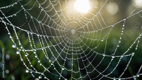 Close-up shot of a spiderweb bejeweled with glistening dew.
