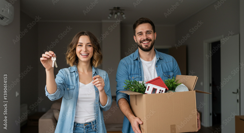 Naklejka premium A joyful young couple proudly holding their new house keys and moving box, beaming with excitement for their new home, captured in a bright and airy interior.
