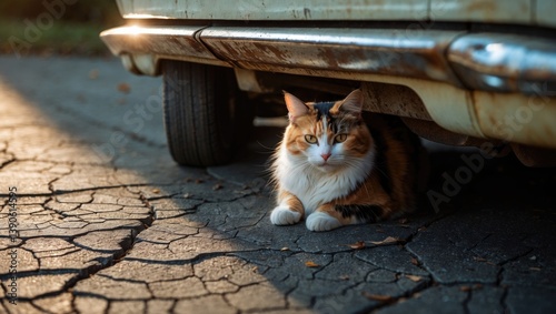 Calico cat relaxes beneath a car, observing with a watchful yet inquisitive look. Ideal for highlighting a snug retreat and instinctive behavior.