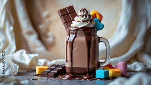 Extreme milkshake with brownie cake, marshmallow, and sweets: A chocolate indulgence. The crazy freakshake food trend. photo