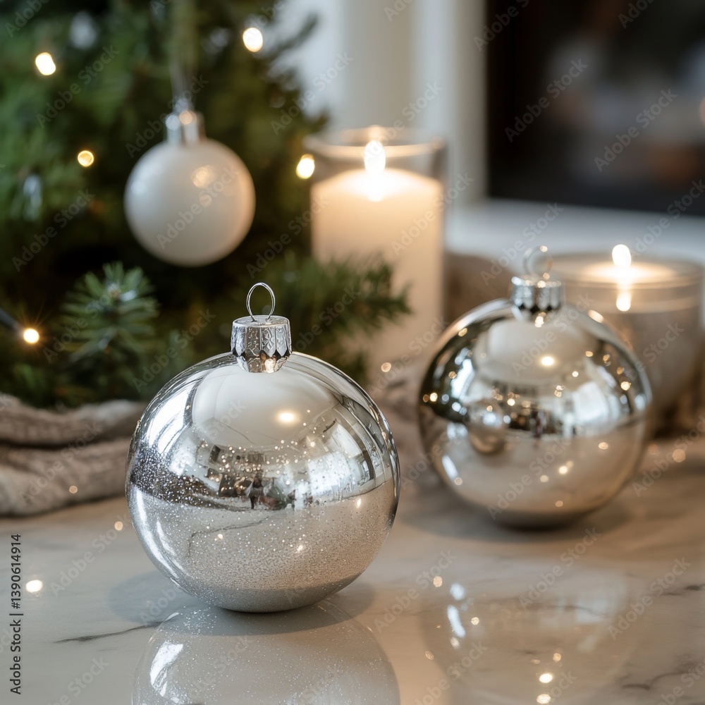 Elegant silver ornaments shine beautifully on a marble table. The cozy holiday atmosphere is enhanced by soft candlelight and a small Christmas tree. Perfect for festive decor. AI
