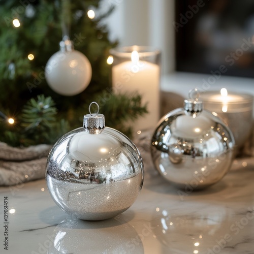 Obraz na płótnie Elegant silver ornaments shine beautifully on a marble table. The cozy holiday atmosphere is enhanced by soft candlelight and a small Christmas tree. Perfect for festive decor. AI w salonie
