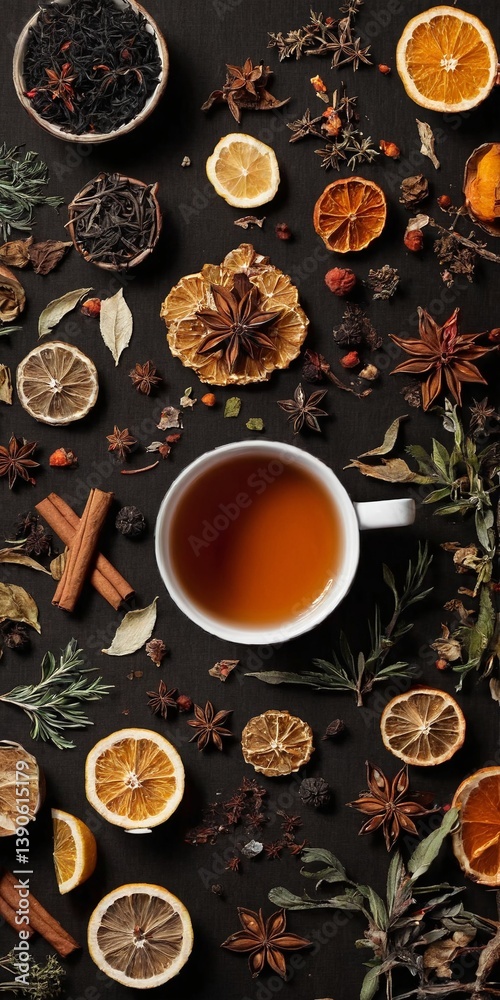 Cup of aromatic tea with spices, herbs, dried fruit orange slices. Top view. Generated AI