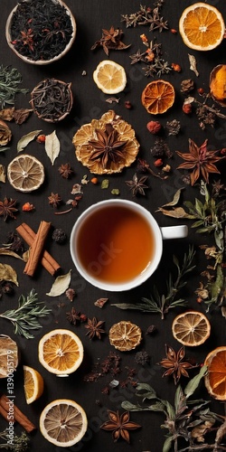 Obraz na płótnie Cup of aromatic tea with spices, herbs, dried fruit orange slices. Top view. Generated AI w salonie