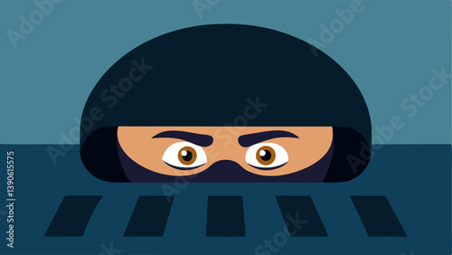 Nervous Look A robber peeking out of a sewer grate eyes wide with anxiety as they listen for approaching voices overhead.