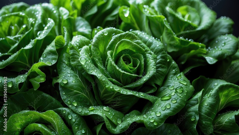 Obraz premium A macro image of lettuce featuring water droplets